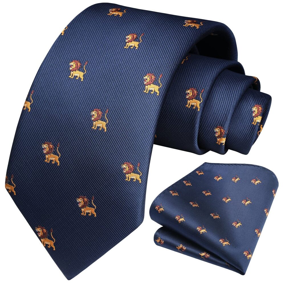 9643 Ties Formal Silk Navy Blue Ties and Pocket Square Animal Printed